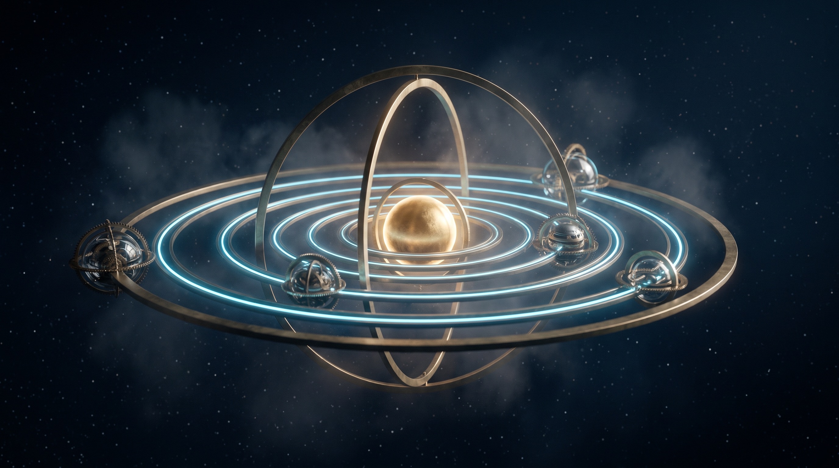 A brass-and-light orrery turning slowly in dark space — five orbiting bodies on azure rings around a warm gold core