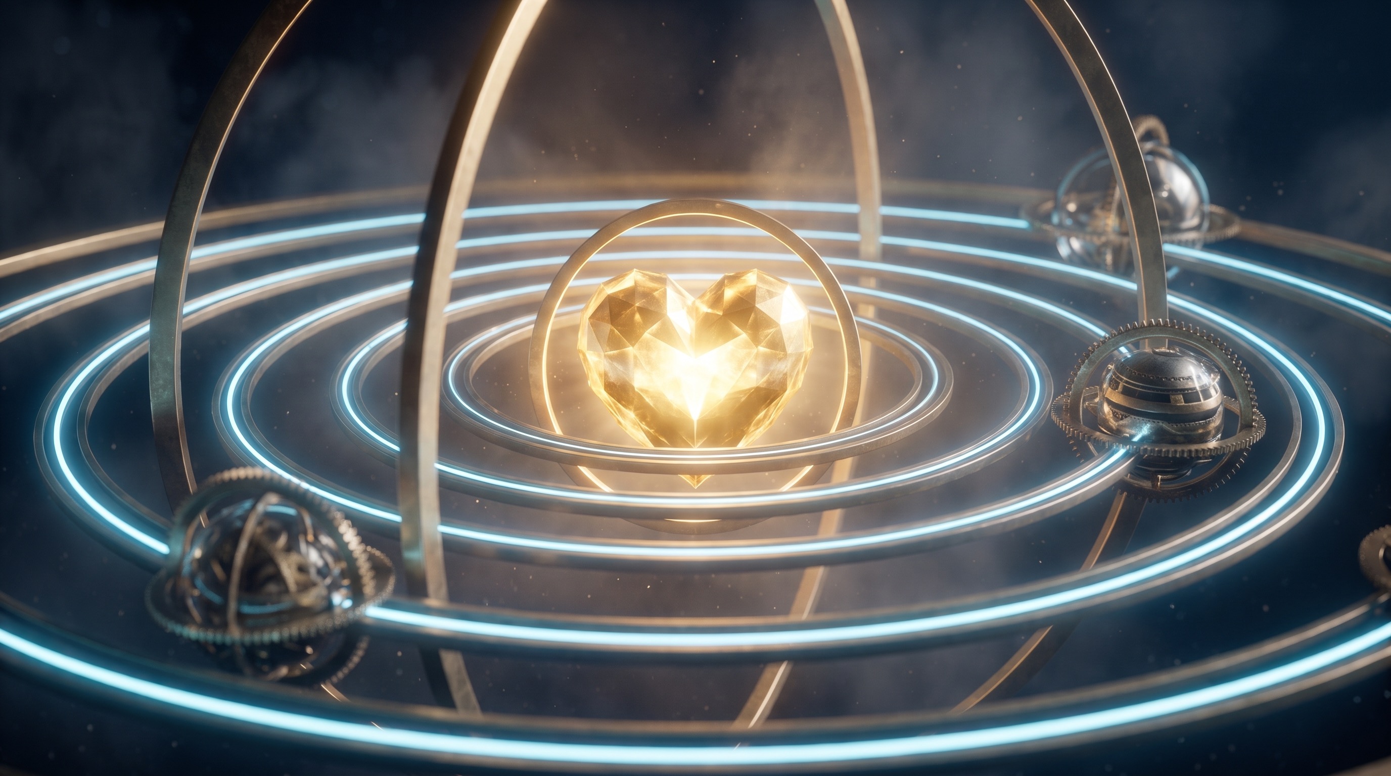 Push in to the centre of the orrery — the gold mission-core resolves into a radiant faceted heart