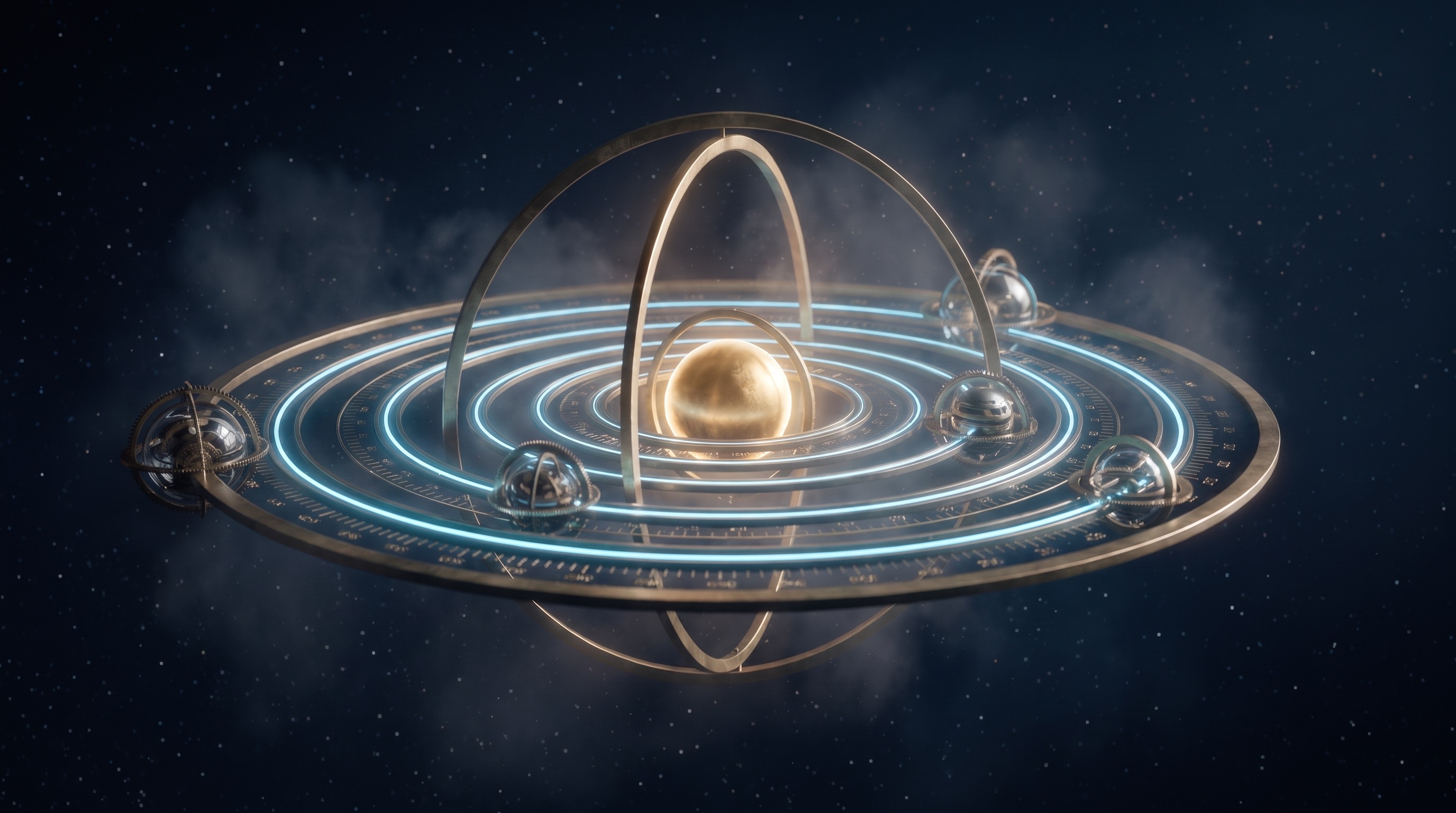 Five distinct orbiting pillar-bodies, year-tick marks etched along five concentric azure rings