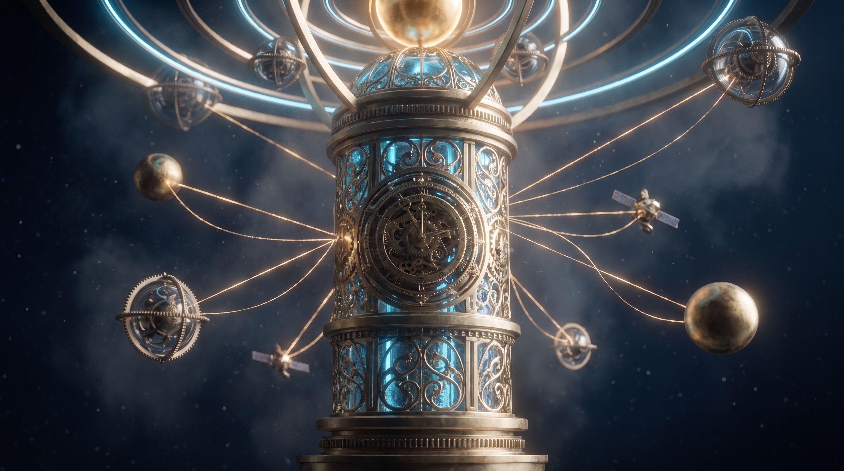 Close on one pillar-body with moons and tiny satellites, gold threads linking each back to the core