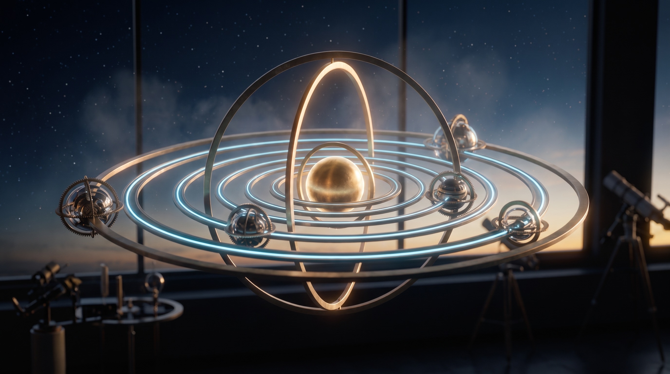 The whole orrery reflected in dark observatory glass at dawn — the Slack morning briefing